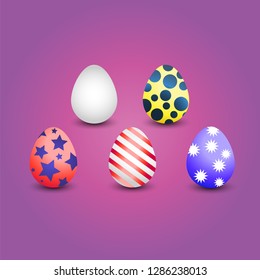 Collection of different colored Easter eggs with patterns of stars, stripes, spots, snowflakes - vector illustration
