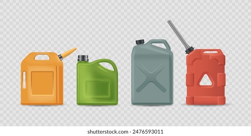 Collection Of Different Colored Fuel Cans Used For Storing And Transporting Gasoline Or Other Fuels, Vector Illustration