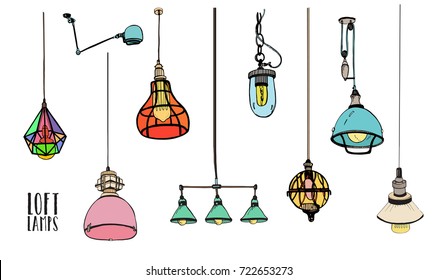 Collection of different colored loft lamps or light fixtures isolated on white background. Hand drawn old-fashioned ceiling lightings, retro home interior decorations. Colorful vector illustration.