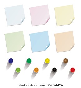 Collection of different colored note papers with drawing pin in various colours