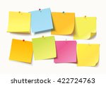 Collection of different colored sheets of note papers with curled corner and push pin, ready for your message. Vector illustration. Isolated on white background. Front view. Close up.