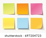 Collection of different colored sheets of note papers with curled corner, ready for your message. Realistic vector illustration. Isolated on white background. Front view. Close up. Set