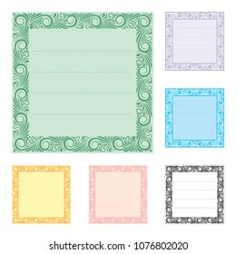 Collection of different colored sheets of note papers with decorative frame, ready for your message. Vector illustration.