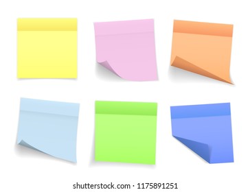 Collection of different colored sheets of note papers with curled corner and shadow, ready for your message. Realistic. Isolated on white background. Set. Vector illustration.