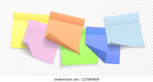 Collection of different colored sheets of note papers with curled corner and shadow, ready for your message. Realistic. Isolated on transparent background. Set. Vector illustration.