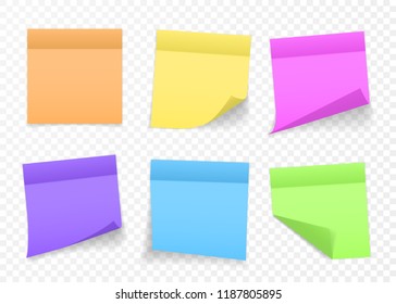 Collection of different colored sheets of note papers with curled corner and shadow, ready for your message. Realistic. Isolated on transparent background. Set. Vector illustration.