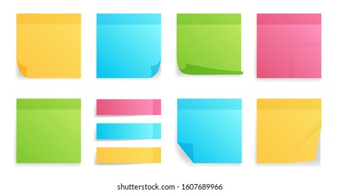 Collection of different colored sheets of note papers with curled corner, ready for your message. Realistic vector illustration. Isolated on white background. Front view.