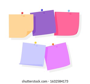 Collection of different colored sheets of note papers with curled corner and push pin.
