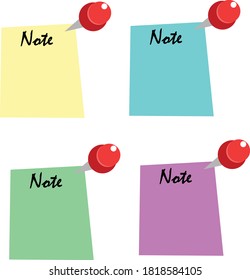 Collection of different colored sheets of note papers with curled corner, ready for your message. Realistic vector illustration. Isolated on white background. Front view. Close up. Set