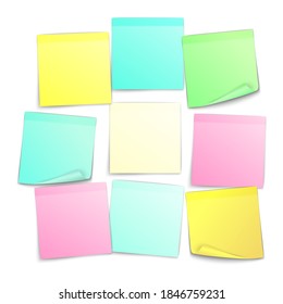 Collection of different colored sheets of note papers with curled corner.  Sticky notes ready for your message. Realistic vector illustration. Isolated on white background.