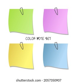 Collection of different colored sheets of note papers with curled corner, ready for your message. Isolated on white background. Front view. Close up. Set