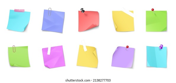 Collection of different colored sheets of note papers with curled corner, ready for message. Realistic paper memos with adhesive tape and pushpin. Vector illustration