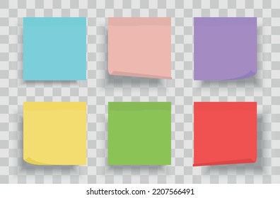 Collection of different colored sheets of note papers with curled corner and shadows. Set of multicolor notes isolated on transparent background. Template for your projects. Vector illustration