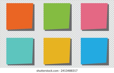 Collection of different colored sheets of note papers with curled corner, ready for your message. Realistic vector illustration. post it notes isolated on transparent background.