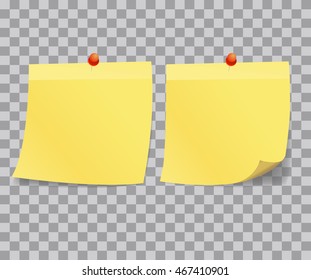 Collection of different colored sheets of note papers with curled corner and push pin, ready for your message. Vector illustration. Isolated on white background. Front view. Close up.
