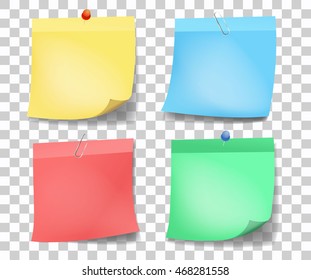 Collection of different colored sheets of note papers with curled corner and push pin, ready for your message. Vector illustration. Isolated on white background. Front view. Close up.