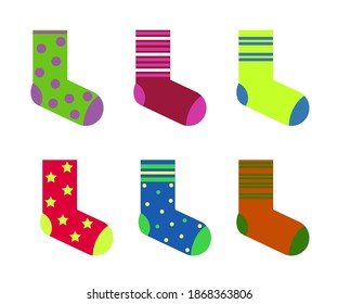 Collection of different colored socks on a white background. Vector illustration.