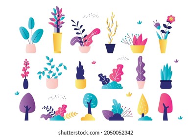 Collection of different colorful botany elements. Set of various potted domestic plants. Home and wild plants isolated on white background. Bushes, flowers and trees. Trendy flat vector illustration