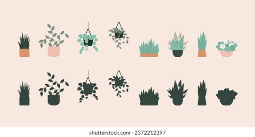 Collection of different colorful botany elements. Set of various domestic plants in pots. Home plants and flowers and silhouettes. Trendy flat vector illustration