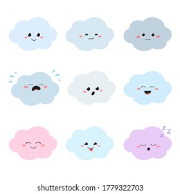 Colección de diferentes coloridas emociones de dibujos animados en la nube. Ilustración plana del vector aislada en fondo blanco