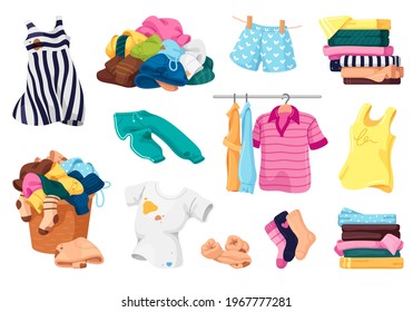 Collection of different colorful dirty and clean clothes vector flat illustration. Pile and hang on hanger various male, female and children clothing isolated. Household, laundry service and hygiene