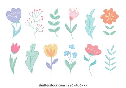 Collection of different colorful doodle style hand drawn flowers. Set of vector floral elements for designs, templates, wedding cards, invitations, greeting cards, posters, postcards.