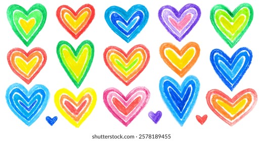 Collection of different colorful hearts. Doodle drawing by hand with colored pencils, crayon, sketch. Rainbow colors. Valentine's day design elements.