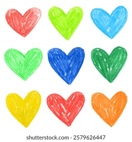 Collection of different colorful hearts. Doodle drawing by hand with colored pencils, crayon. Valentine's day design elements.