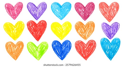 Collection of different colorful hearts. Doodle drawing by hand with colored pencils, sketch. Cute drawings with crayon. Valentine's day design elements.