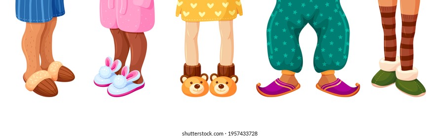 Collection of different colorful house slippers on human legs vector flat illustration. Set of funny domestic footwear for male female and kids isolated on white. Soft comfortable textile home shoes