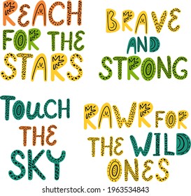 Collection of different colorful lettering art with animalistic wild strokes; hand drawn letters for kids