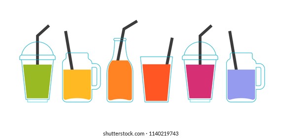 Collection of different colorful smoothies, fruit shakes in a bottles, glass, mason jars