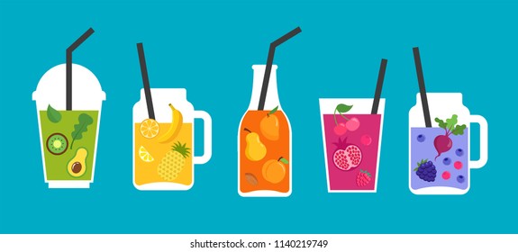 Collection of different colorful smoothies, fruit shakes in a bottles, glass, mason jars