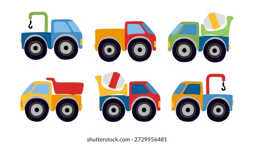 Collection of different colorful trucks with big wheels - truck with crane, dump truck, concrete mixer