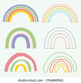 Collection of different colorful vector rainbows filled and outlined.
 