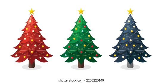 Collection of different colours Christmas trees decorations concept theme flat design isometric illustration, vector ui interface elements for icon app web banner card isolated on white background