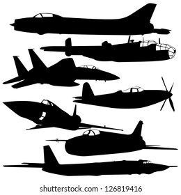 Collection of different combat aircraft silhouettes.  vector illustration for designers