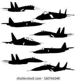 Collection of different combat aircraft silhouettes.  vector illustration for designers