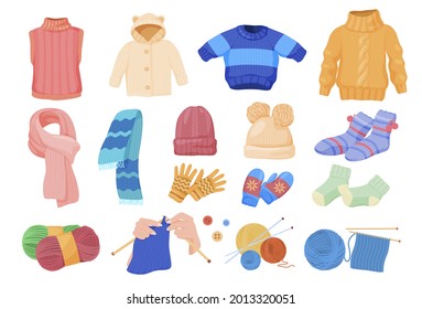 Collection of different comfortable knitted things vector flat illustration. Set of warm comfy accessories and garment for children or adults isolated on white. Handmade, needlework, workshop