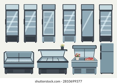 Collection of different commercial refrigerators and glass display cases used in grocery stores and butcher shops for food storage.