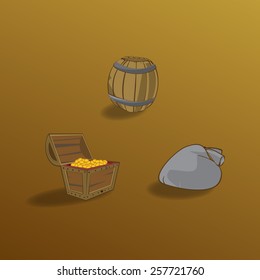 Collection of different containers. Chest with gold, bag and barrel.