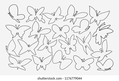 Collection of different contour butterfly s hand-drawn with pencil. Vector illustration thin line silhouette. Used as stencil template icon sticker sketch sign symbol emblem. Hand draw picture