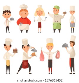Collection of different Cook Chef. Child in a cook cap holding dish with food. Logo design template for baby food. Character child chef profession, waiter and baker, confectioner illustration