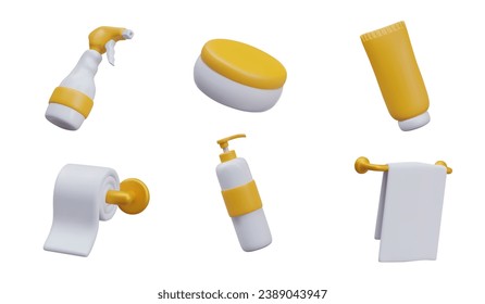 Collection with different cosmetic products for bathroom. Plastic bottles with cream, shower gel and shampoo. Body care and skincare concept. Vector illustration in 3d style