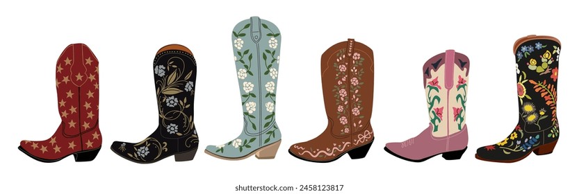 Collection of different cowgirl boots. Traditional western cowboy boots bundle decorated with embroidered wild west ornament. Realistic vector art illustrations on white background. Hand made, not AI