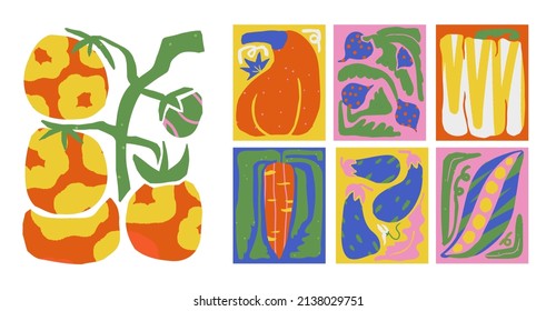 Collection of different crazy abstract vegetables. Tomato, eggplant, carrot, pepper, pumpkin, beans doodle for print, wrapping, posters and packaging design. Botanical illustration in paper cut style.