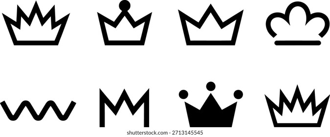 Coleção de diferentes ícones de coroa em preto e branco