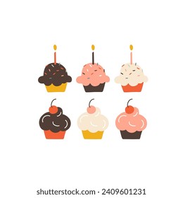 A collection of different cupcakes with cream sprinkles, cherry, chocolate. Cute vector illustration in simple hand drawn modern style. Pastel palette. Isolate on a white background