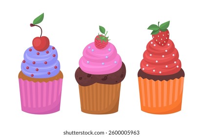 Collection of different cupcakes. Vector illustration in a flat style