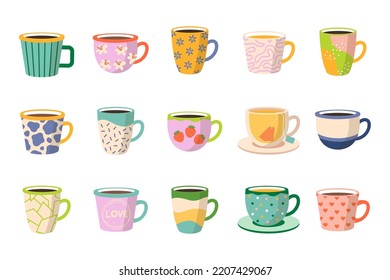 Collection of different cups decorated with design elements. Set of colored mugs filling by beverages isolated. Cute trendy handmade crockery with handle for drink. Cartoon flat vector illustration